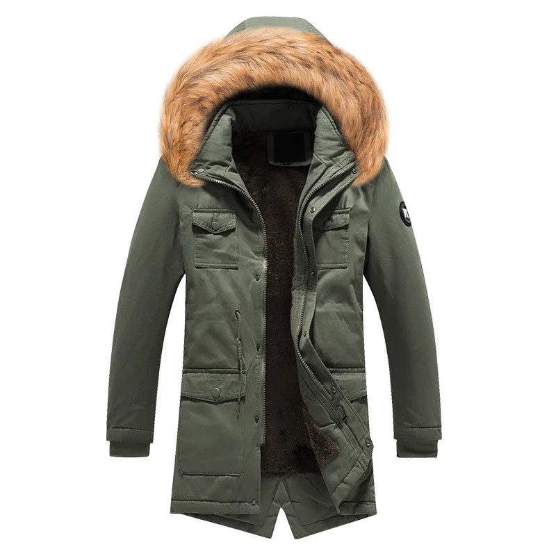 Модная зимняя мужская куртка с меховым воротником, повседневные толстые пальто с капюшоном, длинный Тренч, теплые парки, Мужские Простые вельветовые пуховики