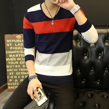 Mens Sweaters Clothes New Classic Simplicity Pullover V-Neck Patchwork Men Striped Long Sleeves Grey Black Teenagers Sweaters white v neck cold shoulder long sleeves sweaters