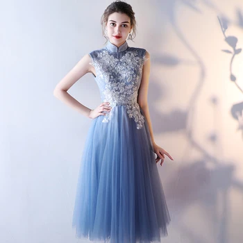

bridesmaid dresses Elegant Middle Length High Neck Blue wedding party dress Plus sizes Tulle Robe Soiree