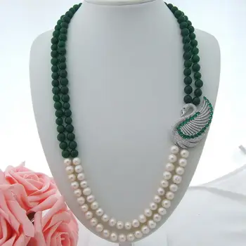

Charming natural 2 strands white pearl green stone micro inlay zircon accessories swan clasp sweater necklace long 53-56 cm