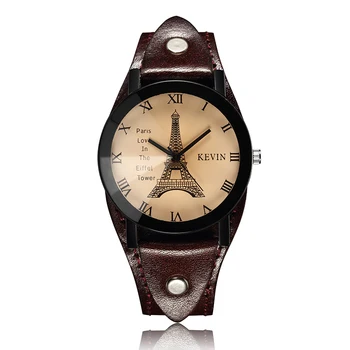 

Unique Vintage Mens Wrist Watches Eiffel Tower Pattern Relojes Hombre Quartz Male Clock Genuine Leather Watch Relogio Masculino