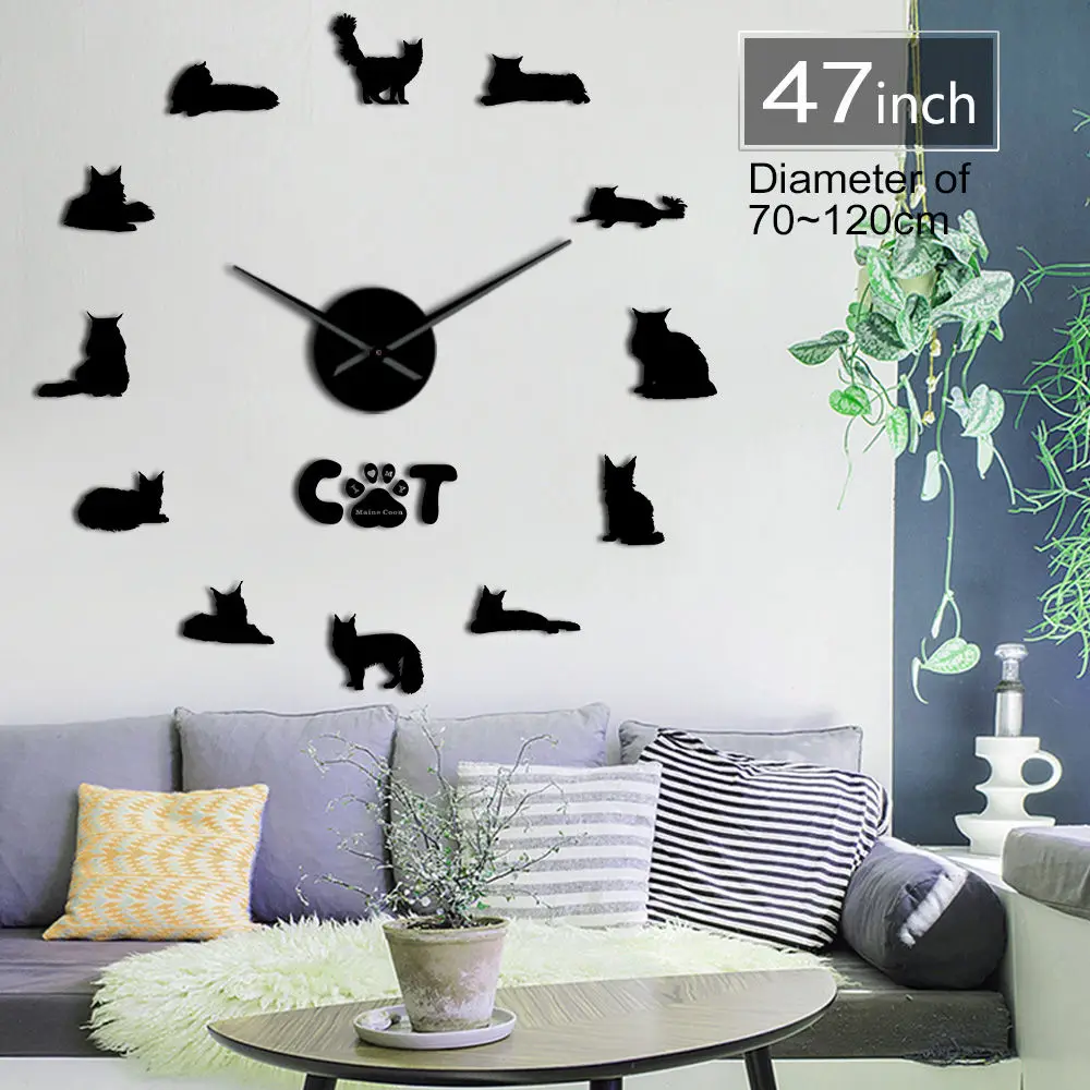 Портрет кошки мейн-кун 3D акриловые DIY настенные часы котенок порода животные немой часы с зеркальной поверхностью подарок для любимого питомца