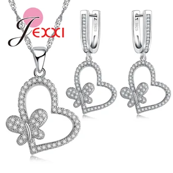 

Silver Heart Set For Women Birthday Gift With Clear Micro Zircon Pendant Necklace Dangle Earrings Wedding Jewelry Sets