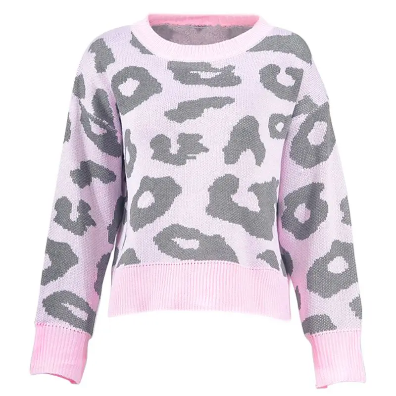 

Women Autumn Winter Knitted Long Sleeve Loose Sweater Leopard Pattern Printed Ribbed Trim Casual Pullover Jumper Tops 4 Color