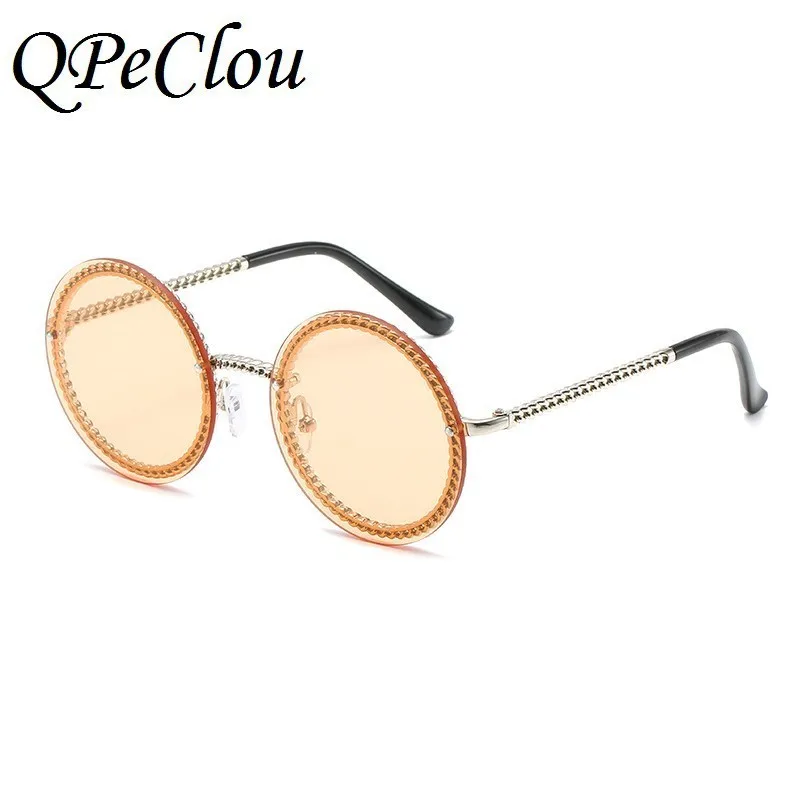 QPeClou новые уникальные круглые солнцезащитные очки с металлической цепочкой для женщин и мужчин, винтажные женские солнцезащитные очки без цепочки - Цвет линз: Yellow0739