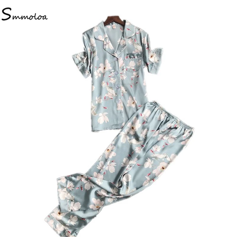 

Smmoloa 2019 New Short Sleeve+Long pants Women Pijama
