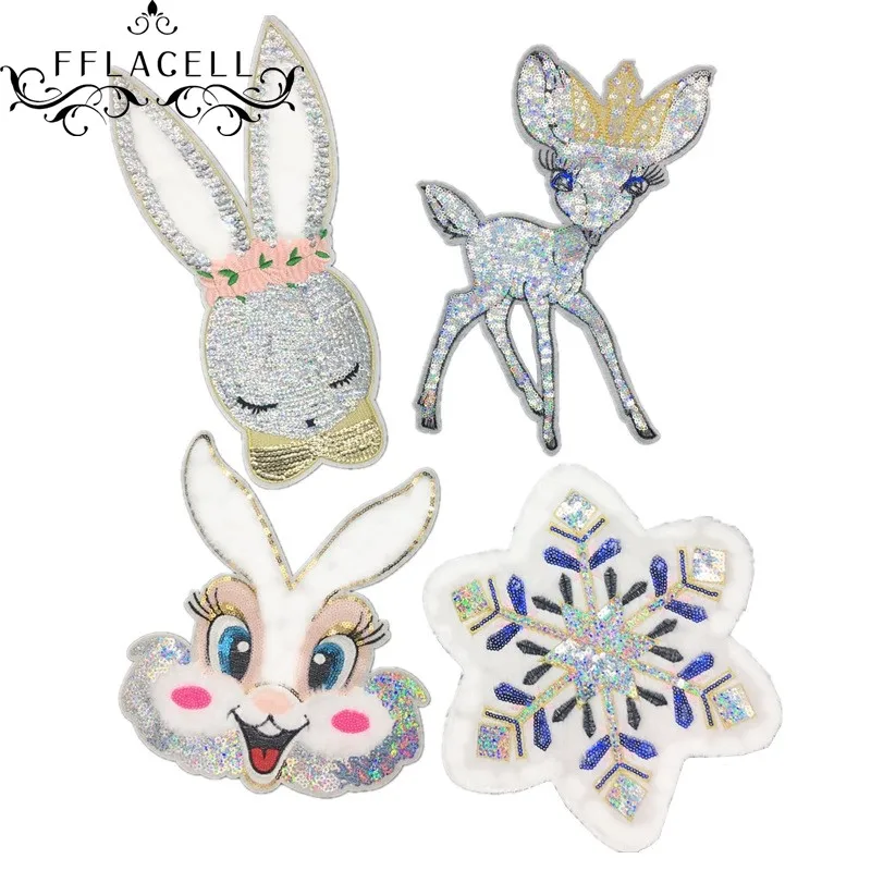 

FFLACELL Sequins patch Deer Snowflake Rabbit DIY clothes patches for clothing Sew-on embroidered Scrapbooking motif applique