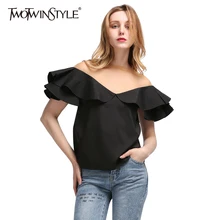 

TWOTWINSTYLE 2017 Summer Women Sexy Tulle Slash Neck Chiffon Tops Blouse Shirt Ruffle Short Sleeve Clothes Korean Fashion Casual