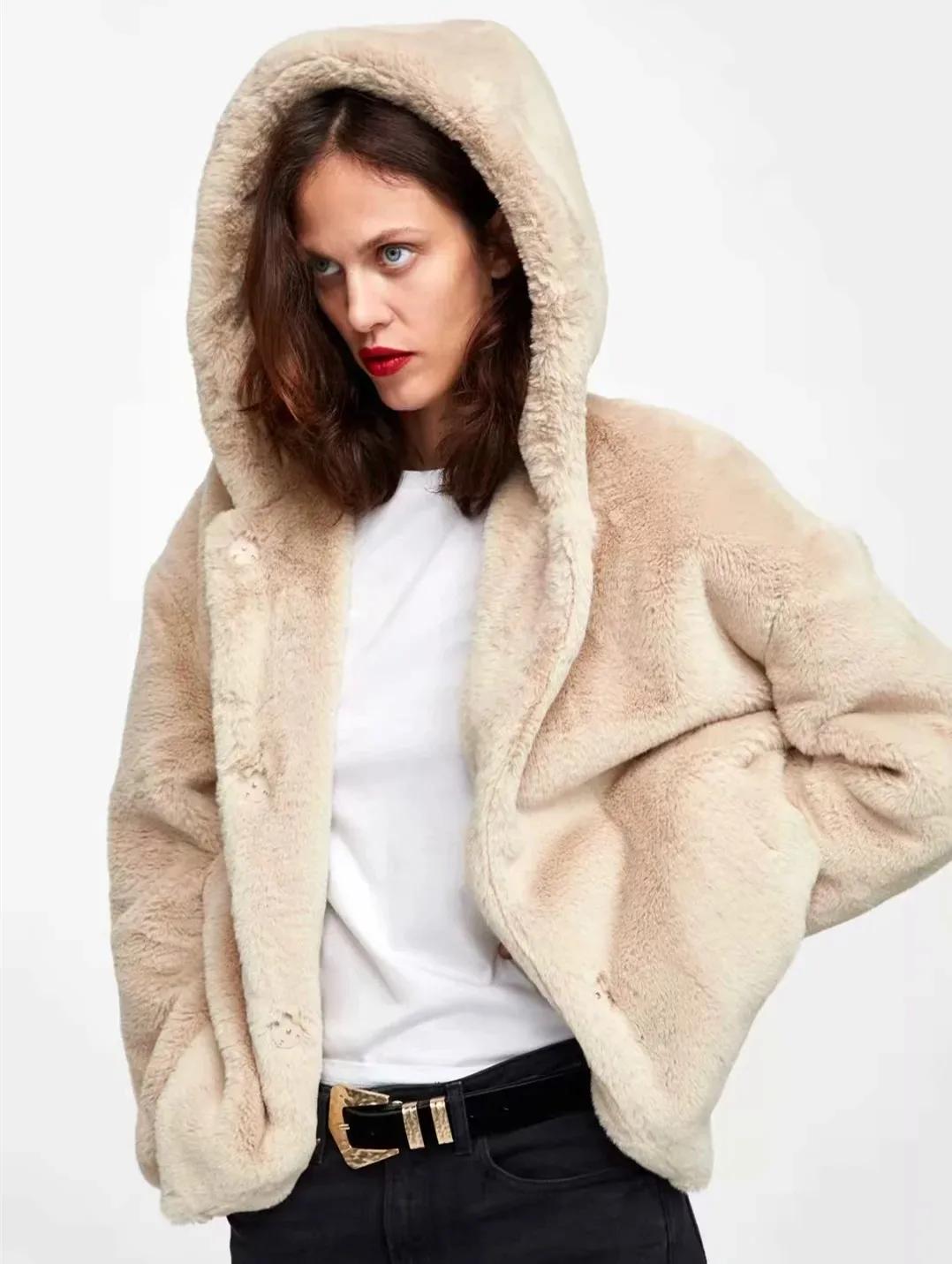 

Fashion women new arrival women D0908T8 Europe and America 2018 autumn new product leisure rabbit hair Hooded Coat 1733