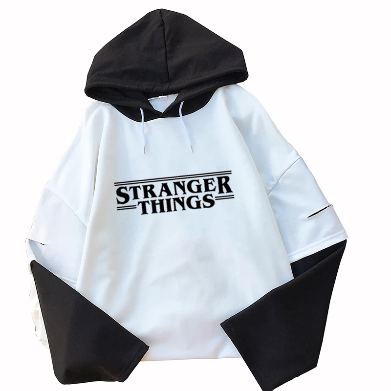 

Stranger Things Letter Print Harajuku Casual Tops Women 2018 Autumn New Fake Two Pieces Hooded Pullover Loose Hoodies Sweatshirt