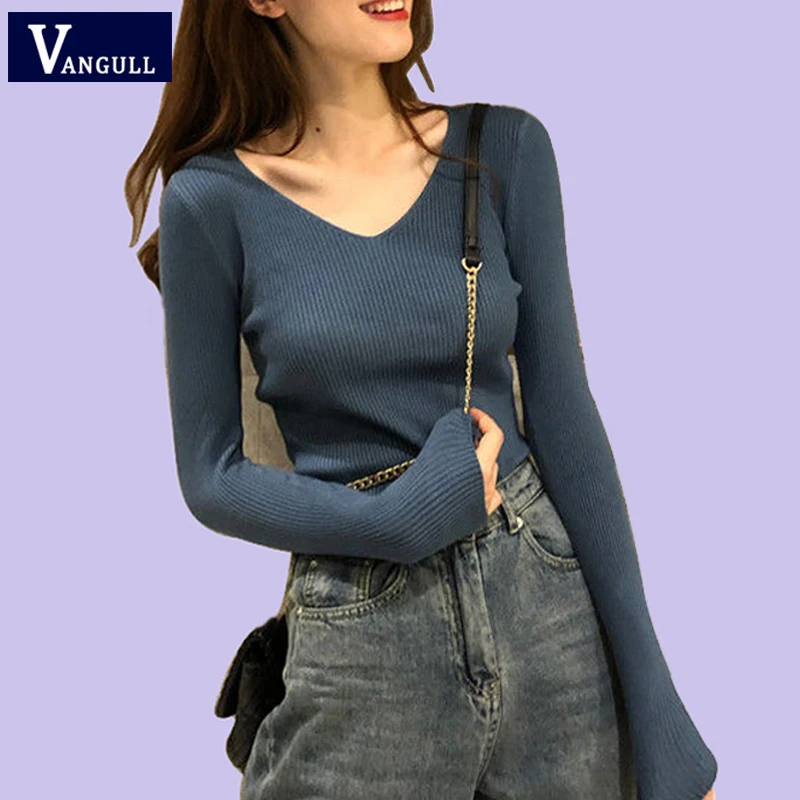 

Vangull Knitted Women Sweater Spring New Style Long Sleeve V-neck Female Pullovers 2019 Autumn Female Elastic retro warm sweater
