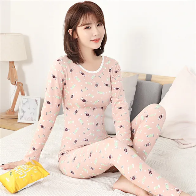 Caiyier Winter Pajama Underwear Set Thermal Elastic Shaped Women