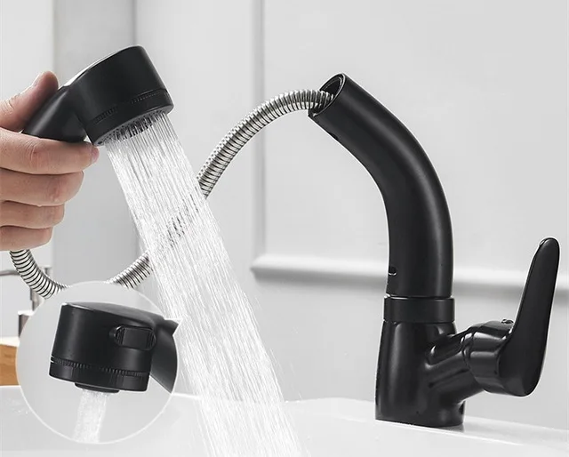 MOIIO Black Height Adjustable Bathroom Faucet Multifunction Pull Out Bathroom Faucet 360 Rotation Hot&Cold Water Mixer Tap MOIIO Black Height Adjustable Bathroom Faucet Multifunction Pull Out Bathroom Faucet 360 Rotation Hot&Cold Water Mixer Tap