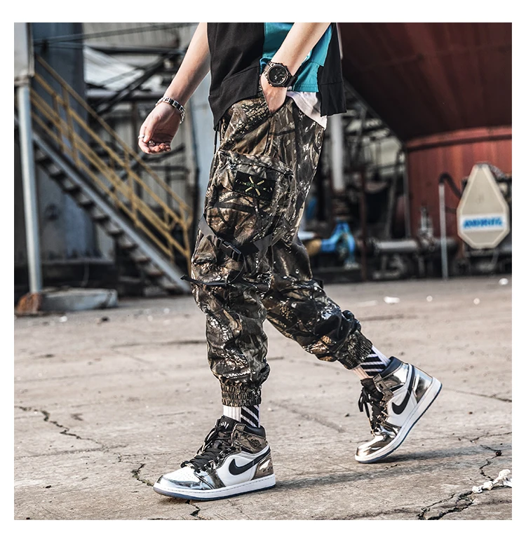 Новые Боковые карманы ленты мужские хип хоп камуфляжные рабочие брюки джоггеры брюки мужские модные длинные военные брюки