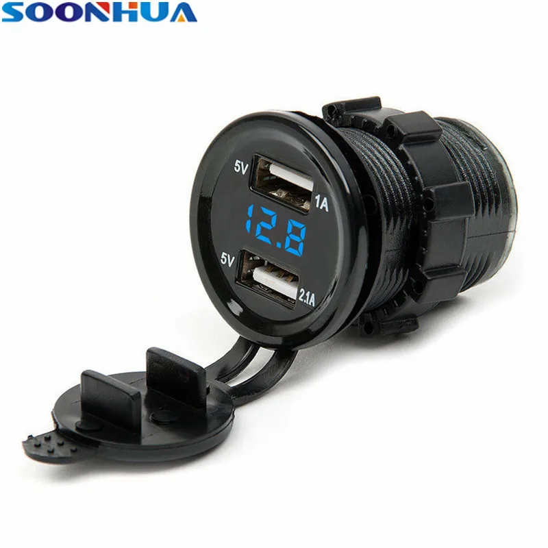 

SOONHUA 2 USB Output Car Charger Cigarette Lighter Socket Plug LED Voltmeter Waterproof Mobile Phone Smart Charging Adapter