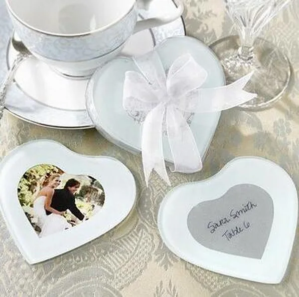 100sets/lot, Heart Photo frame glass coaster + ribbon for Wedding