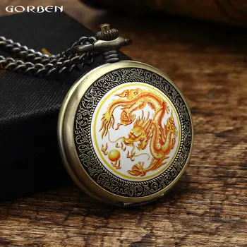 

Retro China Traditional Culture Pocket Warch Mens Golden Dragon Playing with a Pearl Pattern Lucky Symbol Women Watch Gift Set