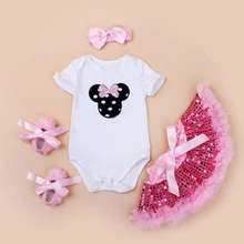 Комплект из 4 предметов для маленьких девочек; комбинезон с рисунком из мультфильма; блестящая юбка-пачка с блестками; Бант-повязка; обувь для детей 0-24 месяцев