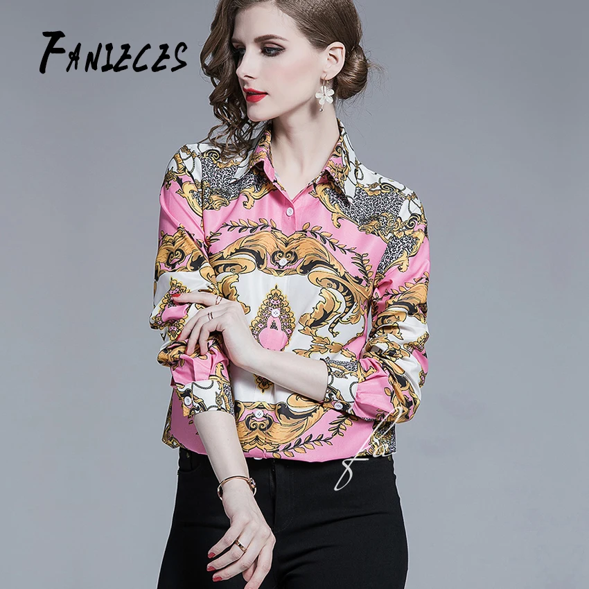 

High Quality Runway Blouse Women Fashion Designer Turn Down Collar Tops Shirt Elegant Print Blouse Office lady top dropshipping