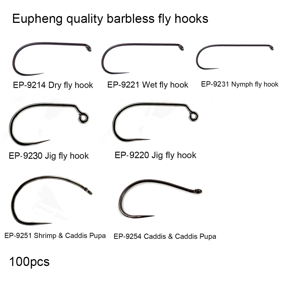 Eupheng 100pcs Competition Fly Fishing Hook Barbless No Barb hook Fishing Dry Nymph Shirmp Wet Caddis Fly Hook Black Nickle New