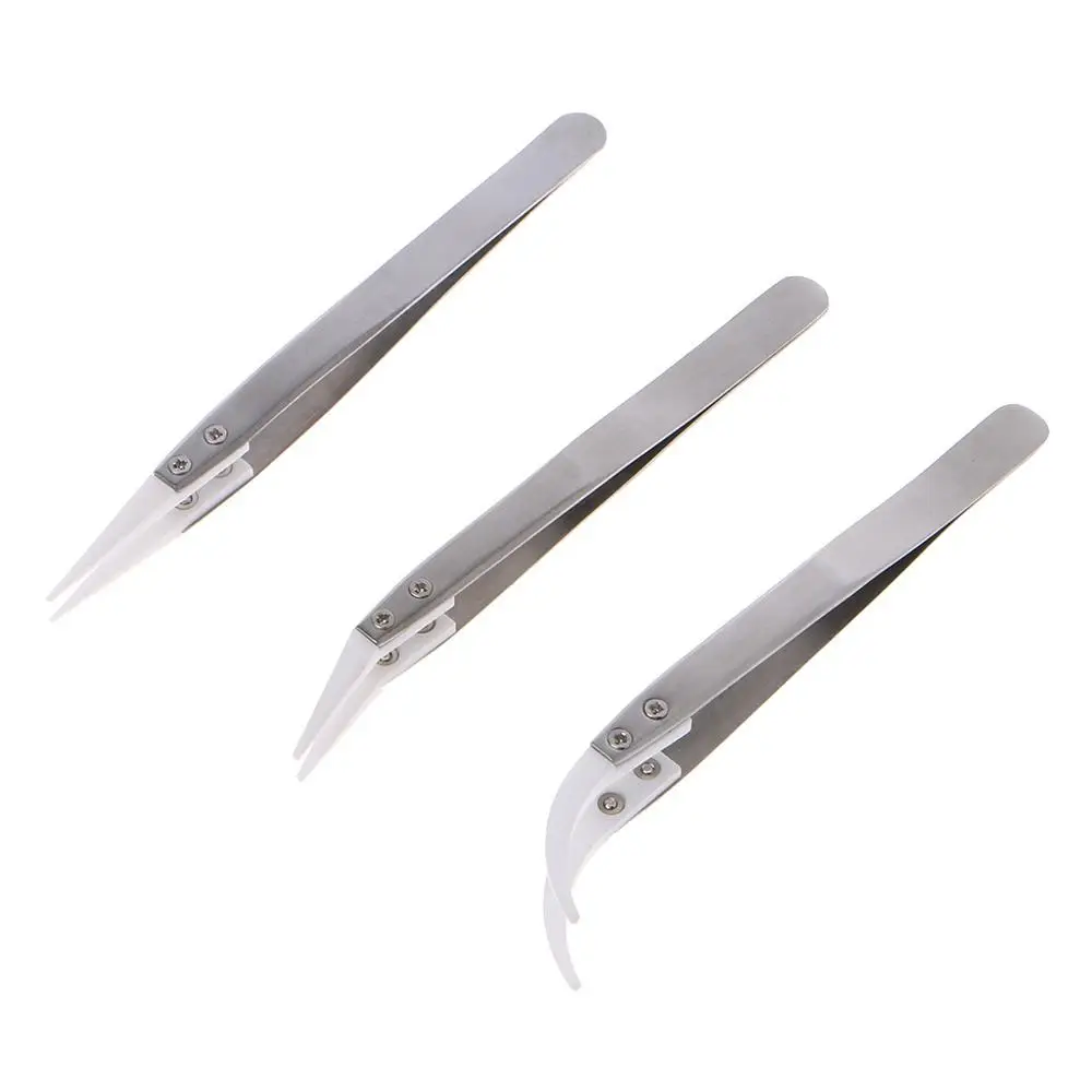 

3pcs Non Conductive Anti-Static Ceramic Tweezers IC SMD SMT Tweezers Curved Straight Tweezers Heat Resistant 1000 Degree Hand