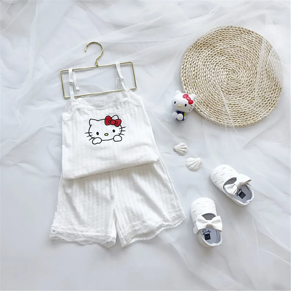 

Summer Children Short Pajamas Sets 2019 Cute Cat Print Home Sleepwear Suit Baby Girls Strap Top and Short Pant Kids Home Clothes