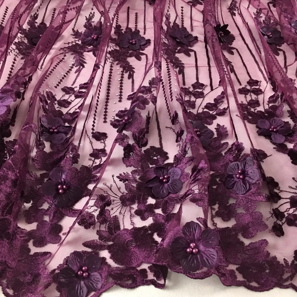 

French Lace Fabric With Stones, Purple French Fabric, Cheap African Lace French Lace 3D Flower Lace Fabric With Beads HX06