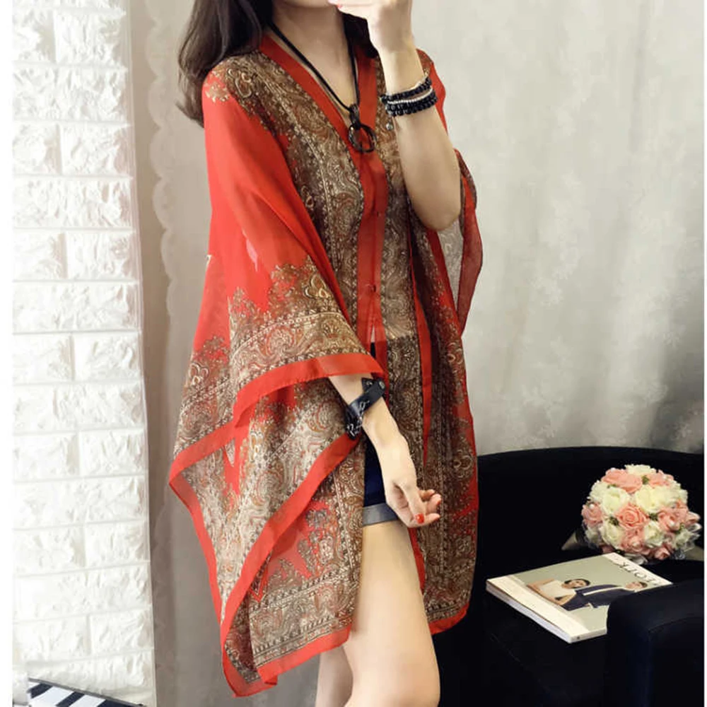 KLV Women's Summer Beach Outdoor Sunscreen Soft V-neck Chiffon Shirt Female Autumn Windproof Scarf Slash Neck Print Blouse Tops KLV Women's Summer Beach Outdoor Sunscreen Soft V-neck Chiffon Shirt Female Autumn Windproof Scarf Slash Neck Print Blouse Tops