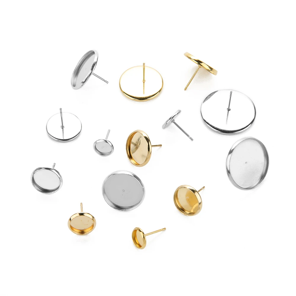 10pcs Stainless Steel Blank Earring Base Cabochon Cameo Bezel 8 10 12 14 16 20mm Round Setting Tray Diy Jewelry Making | Украшения и