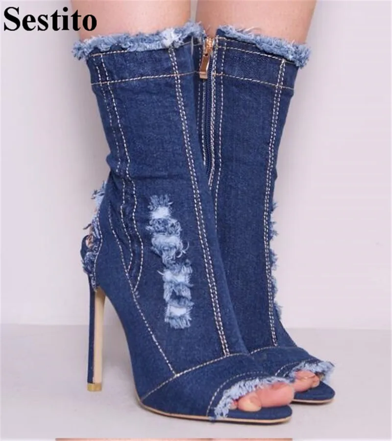 

Concise Blue Scratch Denim Peep Toe Short Boots New Black Sewing Back Open Ankle Boots For Women Zip Casual Spring Women's Shoes