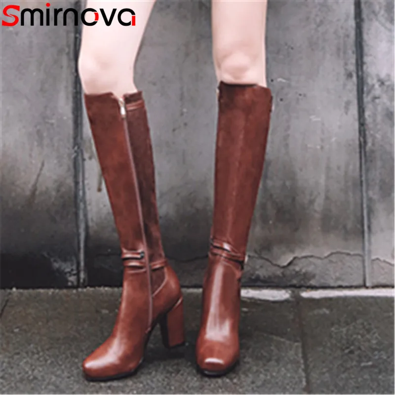 

Smirnova 2018 sexy women knee high boots round toe metal decoration super high heels fashion boots simple female boots
