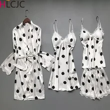4 шт дамы пикантный Шелковый Атласный халат и платье& пижамный комплект в горошек Милая одежда для сна комплект летняя одежда для сна комплект для Для женщин