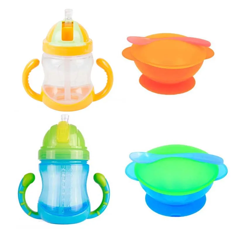 

2Pcs New Baby Tableware Learning Sucker Dishes Children Tableware Baby Plate With Suction Feeding Bowl + Sippy Cup Straw Bottle