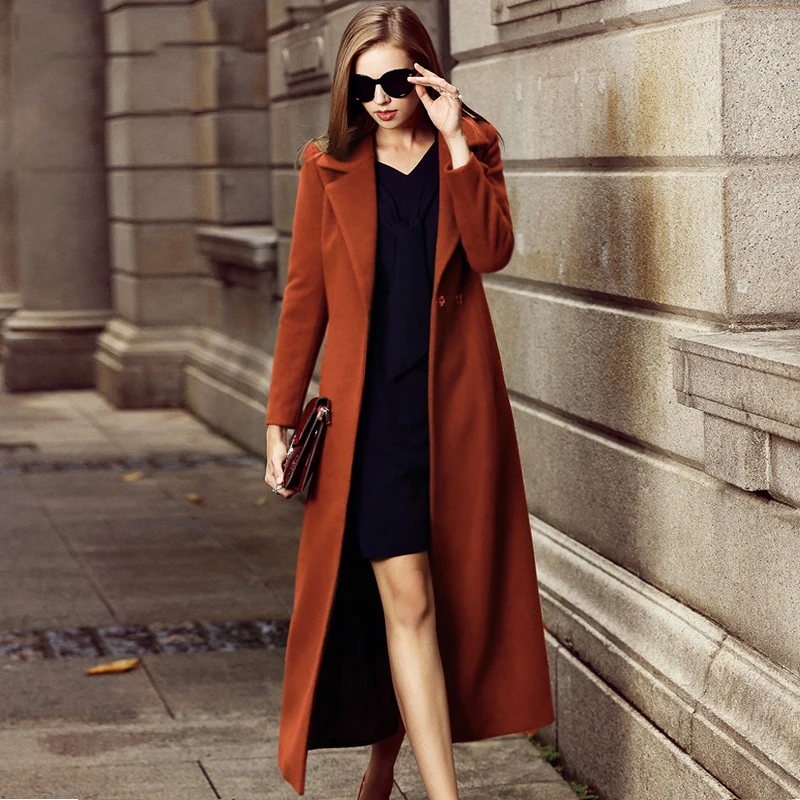 S XXL Women Wool Coat X Long Winter Coat Slim Female Overcoat Turn down