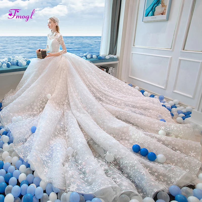 

Fmogl Glamorous Lace Chapel Train A-Line Princess Wedding Dress 2019 Luxury Beaded High Neck Vintage Bride Gown Vestido de Noiva