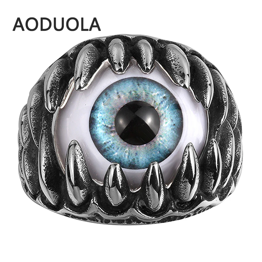 

Stainless Steel Blue Eyes Punk Ring tooth Retro Vintage Biker Large Antique Men's Rings For Seal men Rock mens Jewelry