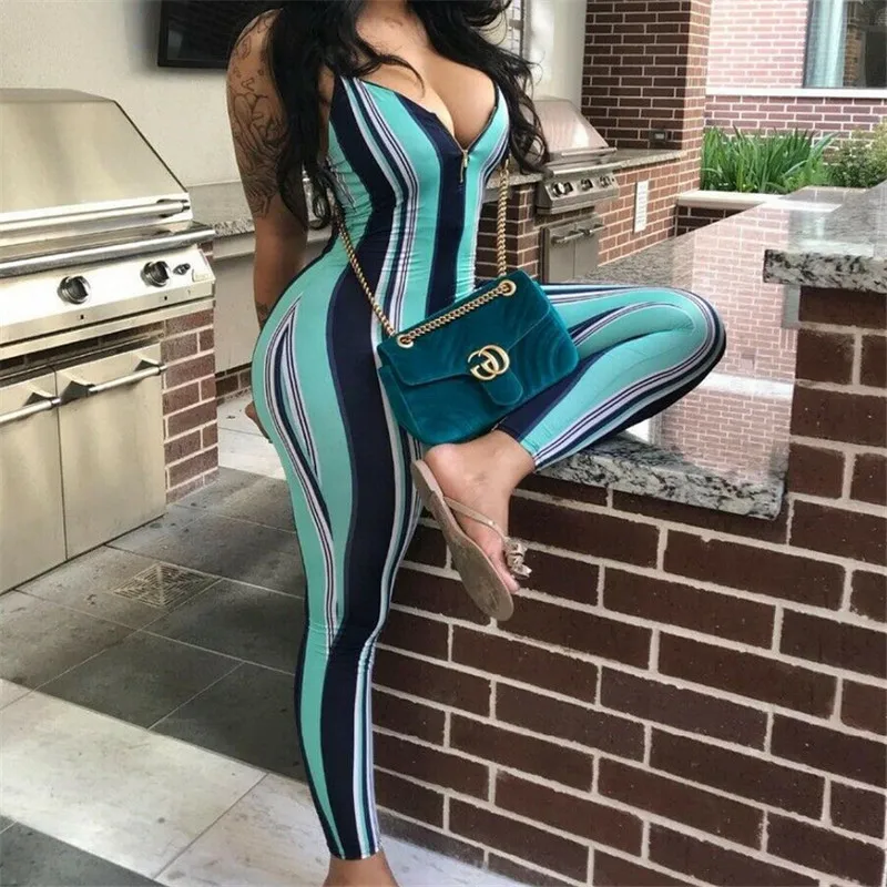 

New Fashion 2019 Spring Women Lady Strap Striped Deep V Neck Zipper Romper Jumpsuit Bodysuit Bodycon Party Streetwear Outfit XXL