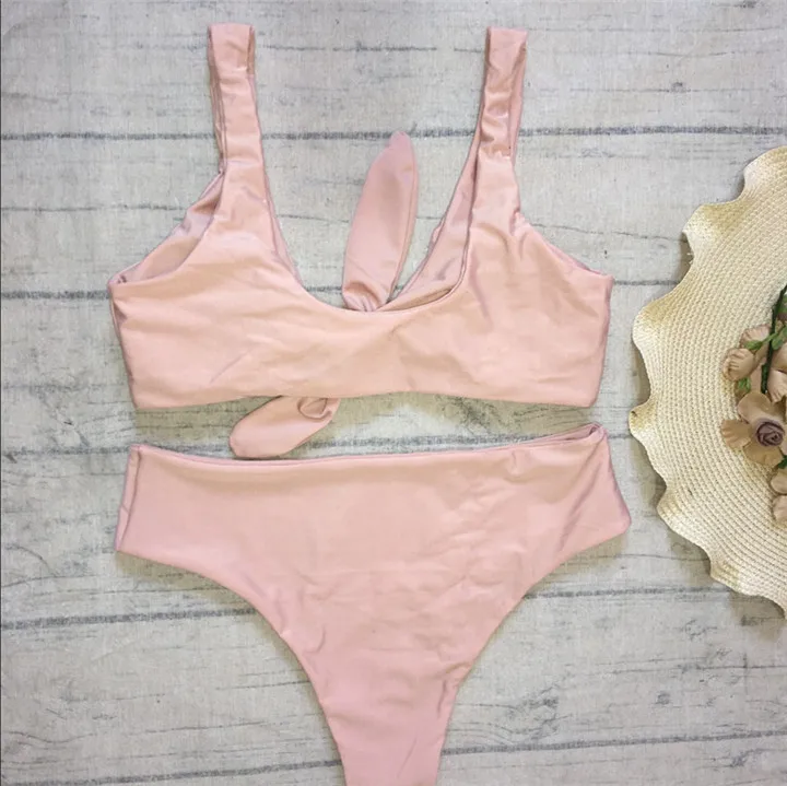 Caliente Biquinis 2018 pecho anudado traje de baño Bikini sólido conjunto de traje de baño de cintura alta Push Up traje de baño para mujer traje de baño Caliente Biquinis 2018 pecho anudado traje de baño Bikini sólido conjunto de traje de baño de cintura alta Push Up traje de baño para mujer traje de baño