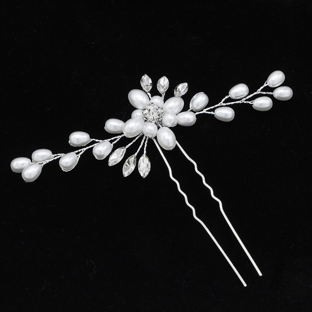 Vintage Silver Wedding Bridal Pearl Flower Crystal Hair Pin Bridesmaid Clip Comb 