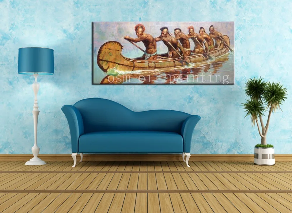 

Top Artist Handpainting Impressionist Wall Art Oil Painting on Canvas Showing Early American Indian Braves in Canoe for Decor