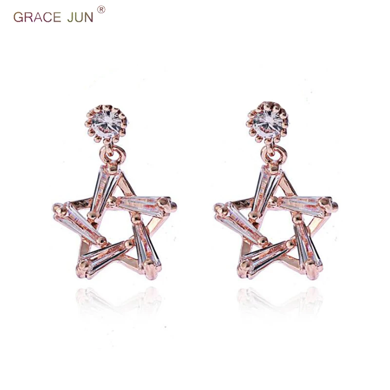 

GRACE JUN AAA CZ Star Clip on Earrings Without Pierced and Drop Pierced Earrings for Women Girl Fashion Party Charm Earrings New