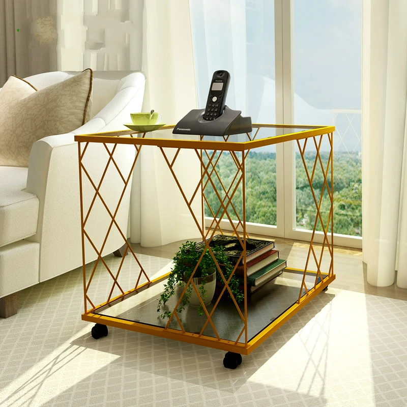 Glass and Metal Modern Sofa Small Coffee Table Angle Simple Fashion Small Toughened Glass Sofa Corner Table