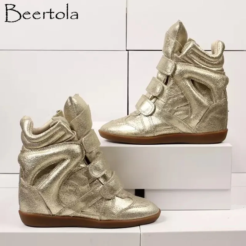 

Beertola Wedge Sneakers Women Leather 8CM Heels High Top Hook And Loop Zapatos Mujer Luxury Brand Sneakers For Women Golden Shoe