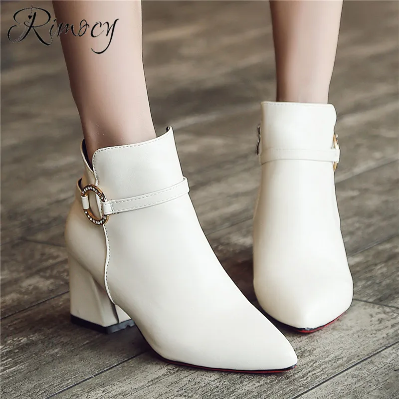 

Rimocy spring sexy pointed toe botines mujer 2019 ankle boots for women solid white shoes woman square heels short boots femme