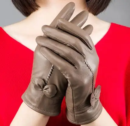 Женские перчатки из натуральной кожи, красные перчатки из овчины, осенние и зимние модные женские ветрозащитные перчатки - Цвет: khaki