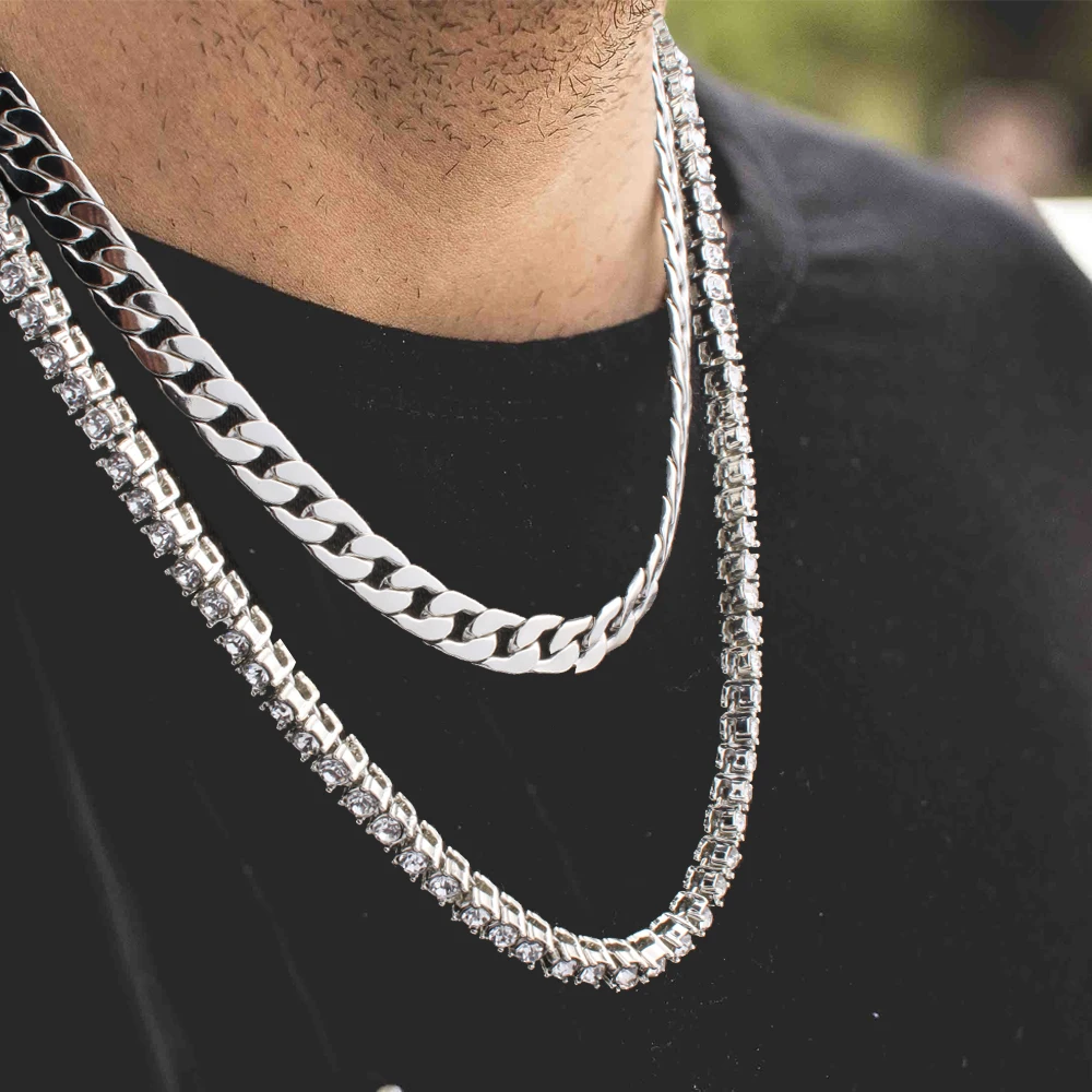 

2Pcs / Set Men's Jewelry 5mm Tennis Chain + 10mm Cuban Choker Bundle Free gift bag packaging