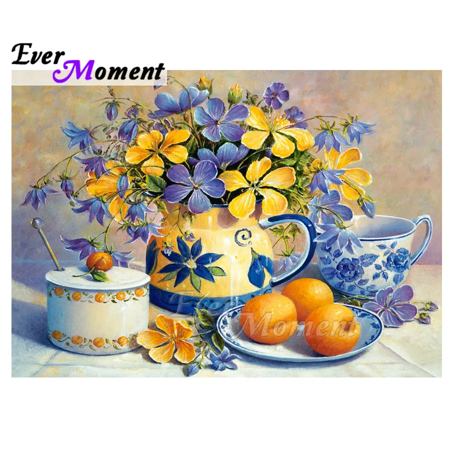 

Ever Moment Diamond Painting Blue Yellow Flower Cup Picture Of Rhinestone 5D DIY Decoration For Home Diamond Embroidery ASF1688