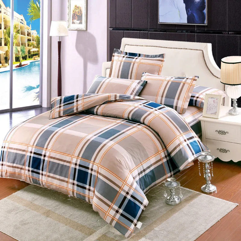 Home Textiles Navy Blue Brown Plaid Bedding Set Duvet Cover Soft