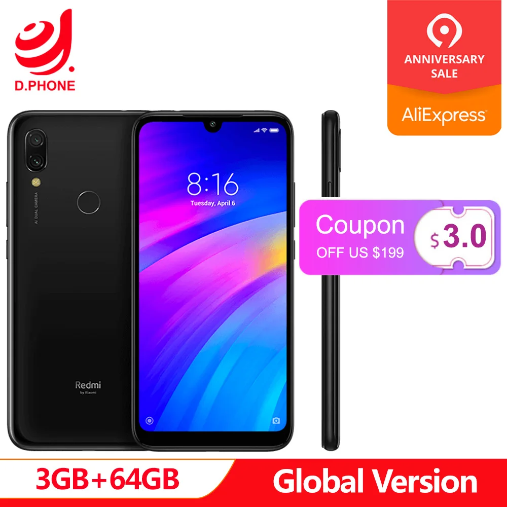 

In Stock Global Version Xiaomi Redmi 7 6.26" Full Screen 4000mAh 3GB RAM 64GB ROM Snapdragon 632 Octa Core 12MP redmi7 Cellphone