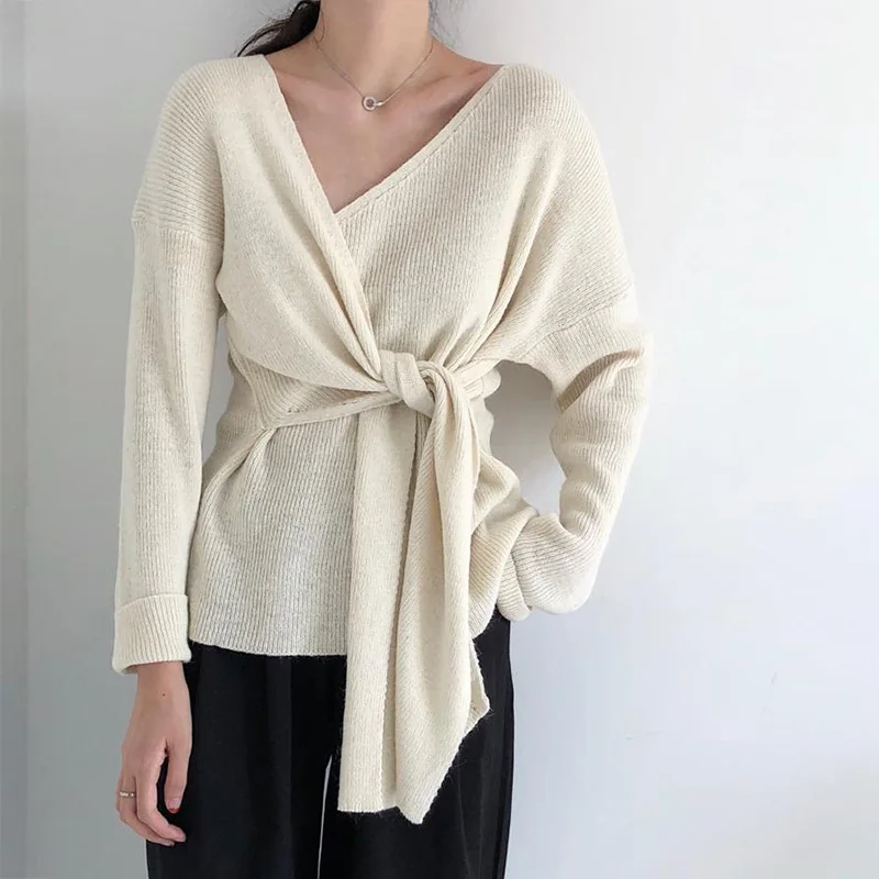 

Korean Fashion Tie Knot Chic Cozy Sweater Women Irregular Neck Long Sleeve Knitted Pullover Sweater Elegant Ladies Jumpers Tops